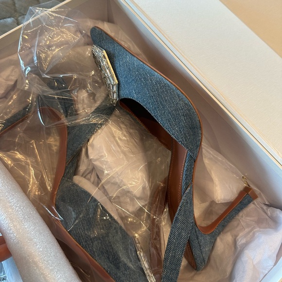 Amina Muaddi Blue Camelia 105 Slingback Pumps - Picture 5 of 12